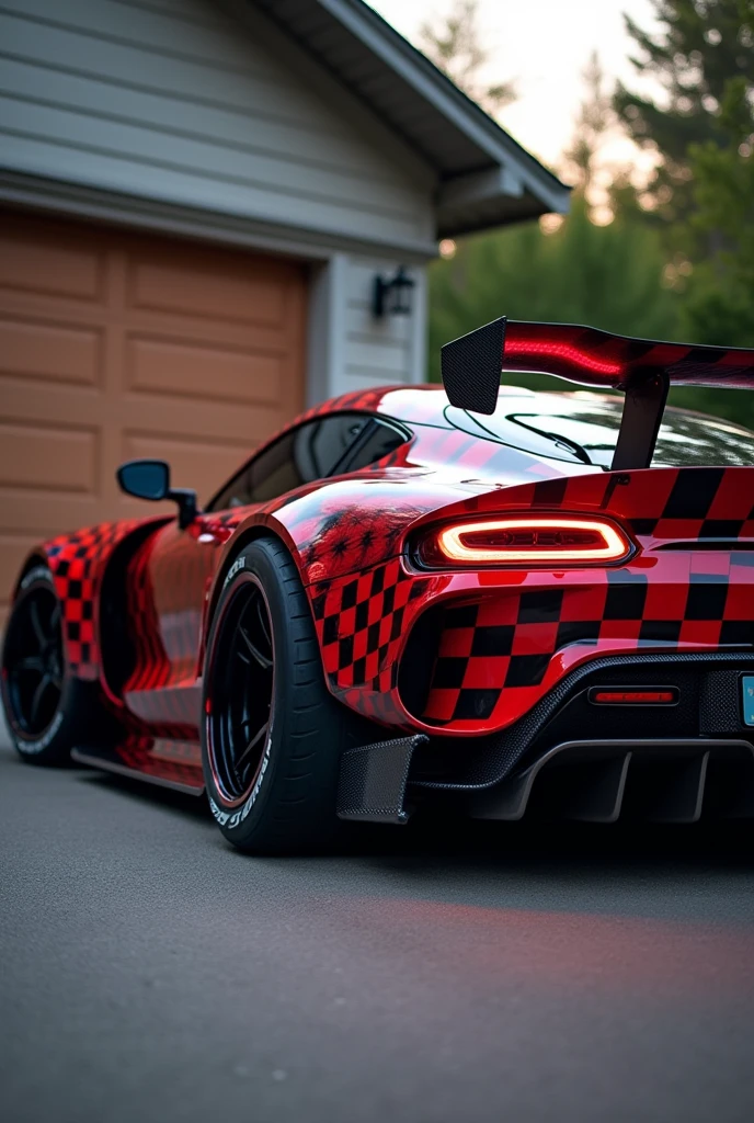 Side view, a modified vehicle with distinct features. It's a sports car with a customized body, featuring a red and black checkered pattern. The car has a large rear wing, which is typically used for aerodynamic purposes in high-performance vehicles. The wheels are oversized off-road tires, suggesting that the vehicle is designed for both performance and rough terrain capability. The side mirror is visible, and the overall stance of the car is low to the ground, indicating a possible suspension modification for better handling or aesthetics. The presence of a garage door in the background suggests that the photo was taken in a residential area.