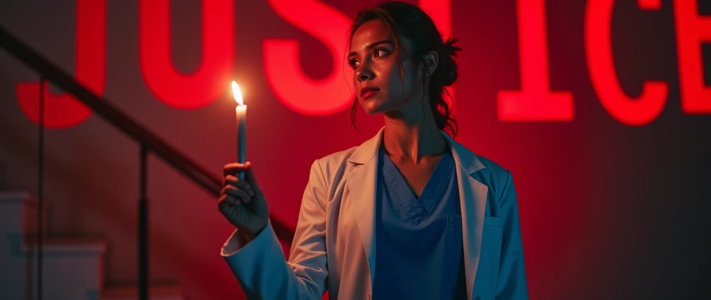 A woman in a white lab coat and blue scrubs confidently holds a lit candle aloft in a dark setting. The background features the word JUSTICE in bold red letters, while a girl is going down tge stairs    ..The overall tone is dramatic and intense, with a red hue dominating the scene. A girl is crying for her justice 