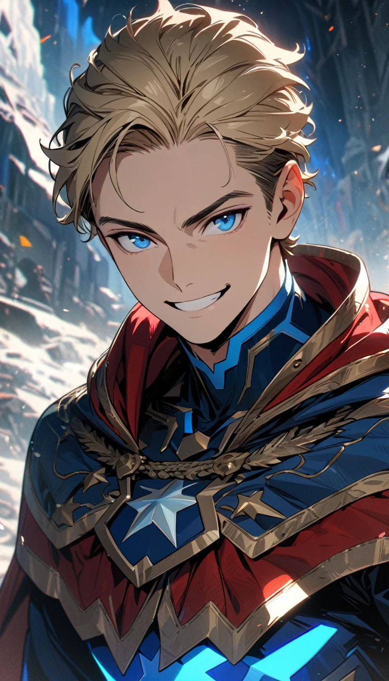 Adult male, short blonde hair, blue eyes, smile, blue superhero form, american cape, Homelander, Masterpiece, best quality, Full HD, 8k, ultra details, great graphic