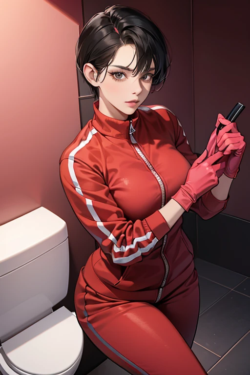 A mature woman with short black hair, wearing a red long-sleeved tracksuit and large pink rubber gloves. Dirty toilet