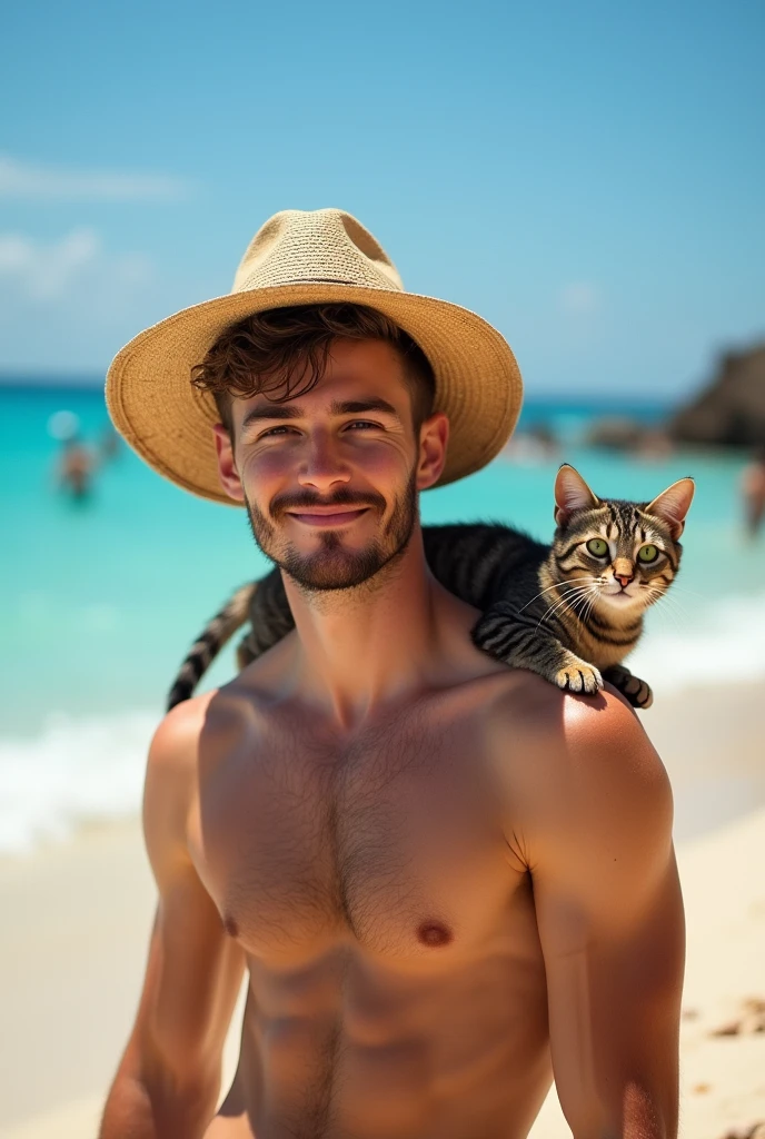 A 22 year old young man, athletic, with short hair and short beard, portant un chapeau et un chat sur l'épaule, On a sunny beach."