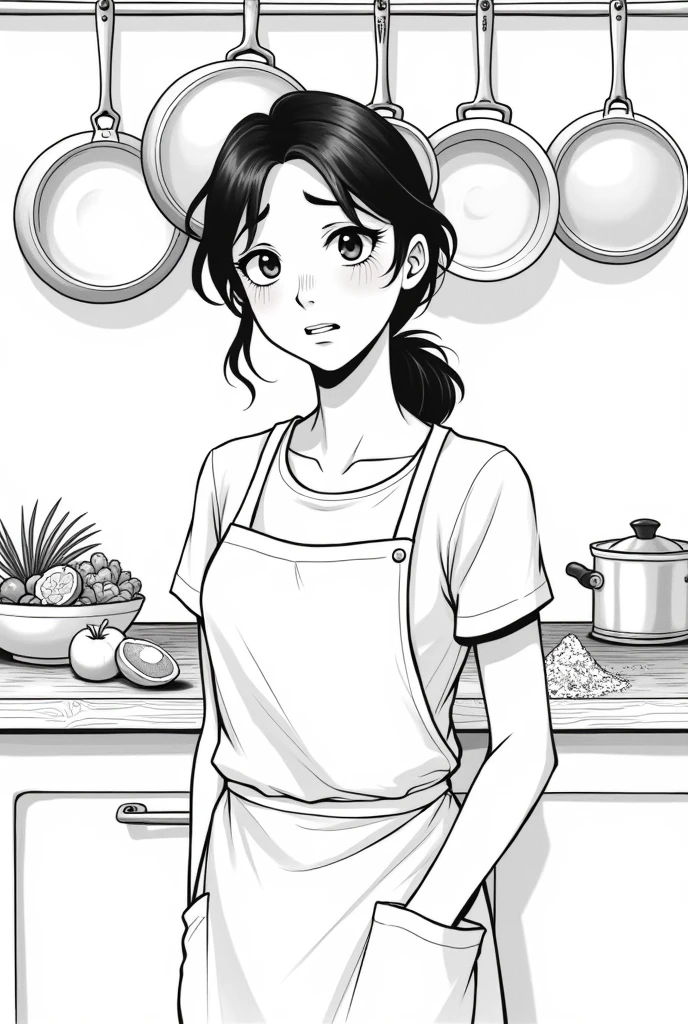 Close-up (Medium shot) Nida sighed, put down the phone, and turned back to cooking, looking worried. (Draw a black and white line art image)