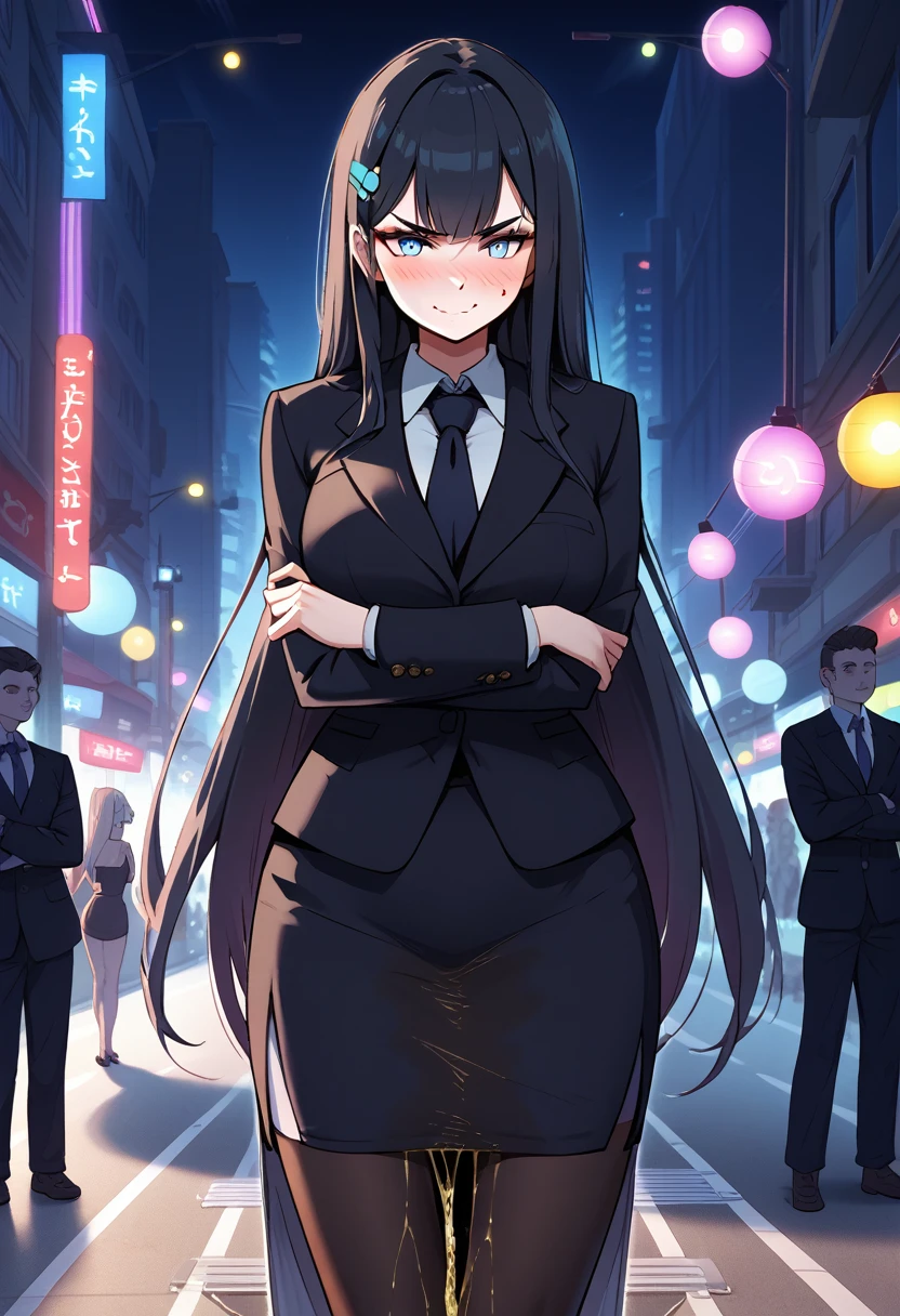 1girl, woman, (wetting self:1.75), desperation, (very long hair:1.5), straight hair, medium bangs, huge breasts, black hair, blue eyes, (black business suit:1.5), necktie, long pencil skirt, pantyhose, (blushing:1.5), aroused, orgasm, smirk, wavy mouth, trembling, (arms crossed:1.5), city, street, crowd, night, futuristic, colorful lights, colorful city