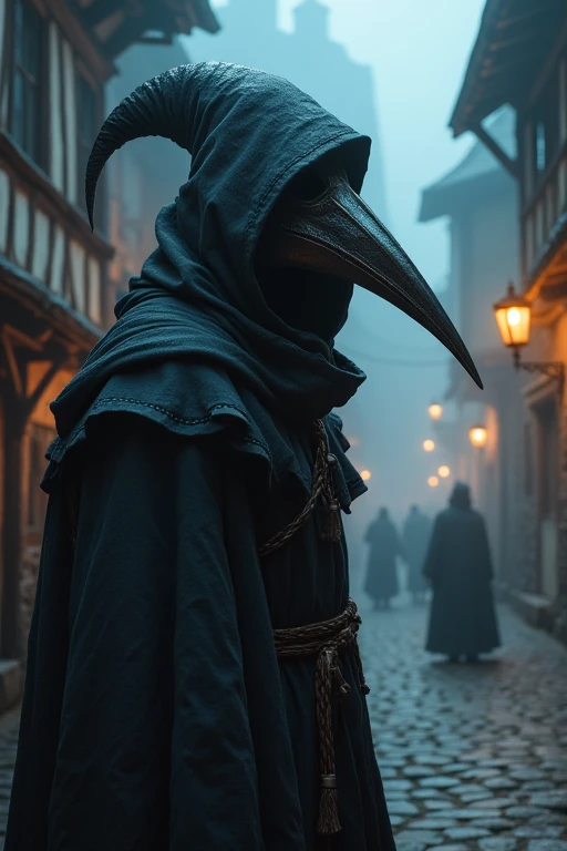 Fait une Illustration du Docteur de la Peste, mettant l'accent sur les détails complexes. Essence étrange du personnage, mettant en valeur le masque à bec distinctif, les robes en lambeaux et une aura d'autorité sinistre. Le décor médiéval devrait renforcer l'atmosphère mystérieuse et troublante, attirant les spectateurs dans le monde de cette figure enigmatique.