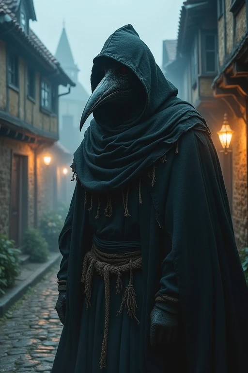Fait une Illustration du Docteur de la Peste, mettant l'accent sur les détails complexes. Essence étrange du personnage, mettant en valeur le masque à bec distinctif, les robes en lambeaux et une aura d'autorité sinistre. Le décor médiéval devrait renforcer l'atmosphère mystérieuse et troublante, attirant les spectateurs dans le monde de cette figure enigmatique.
