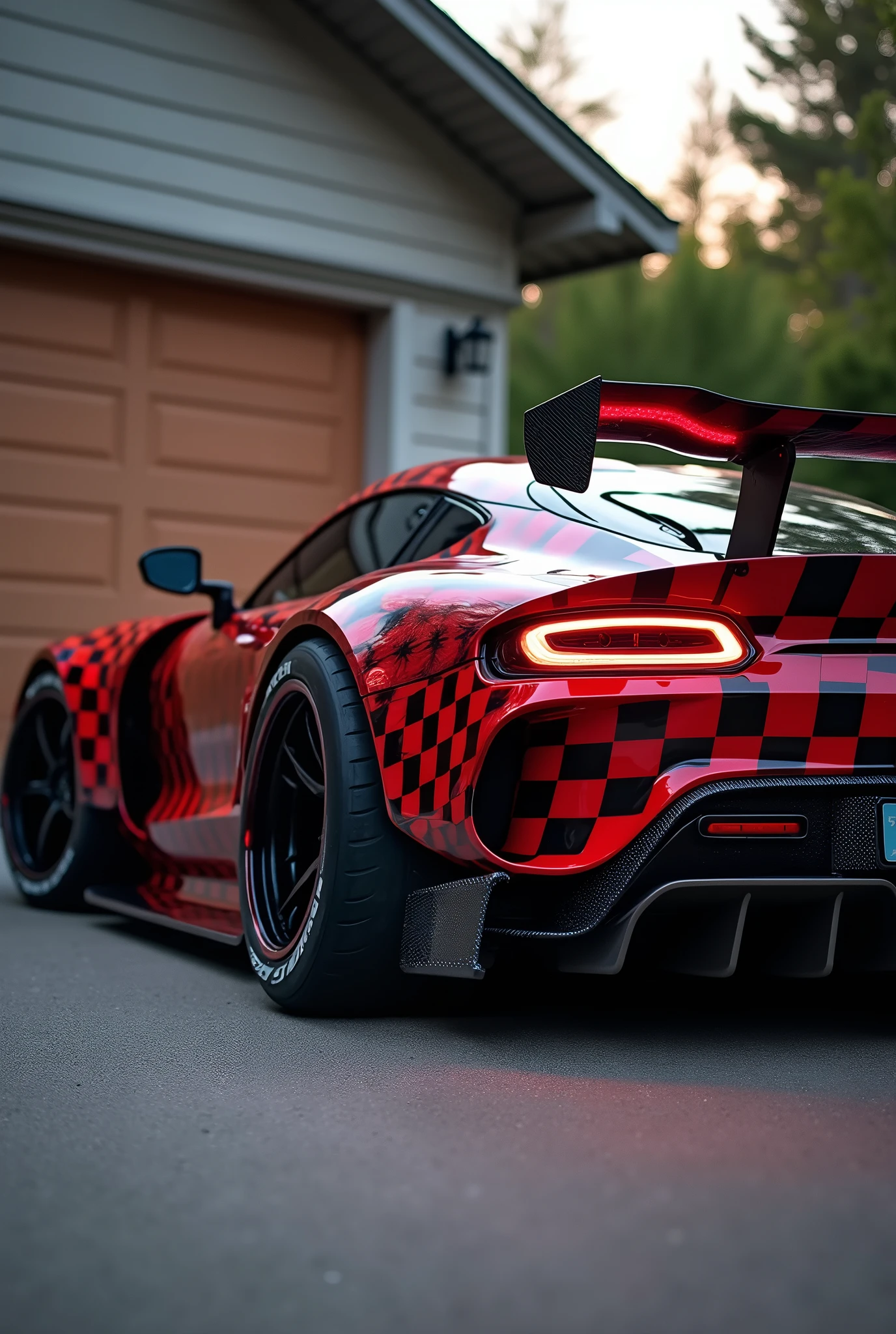 Side view, a modified vehicle with distinct features. It's a sports car with a customized body, featuring a red and black checkered pattern. The car has a large rear wing, which is typically used for aerodynamic purposes in high-performance vehicles. The wheels are oversized off-road tires, suggesting that the vehicle is designed for both performance and rough terrain capability. The side mirror is visible, and the overall stance of the car is low to the ground, indicating a possible suspension modification for better handling or aesthetics. The presence of a garage door in the background suggests that the photo was taken in a residential area.