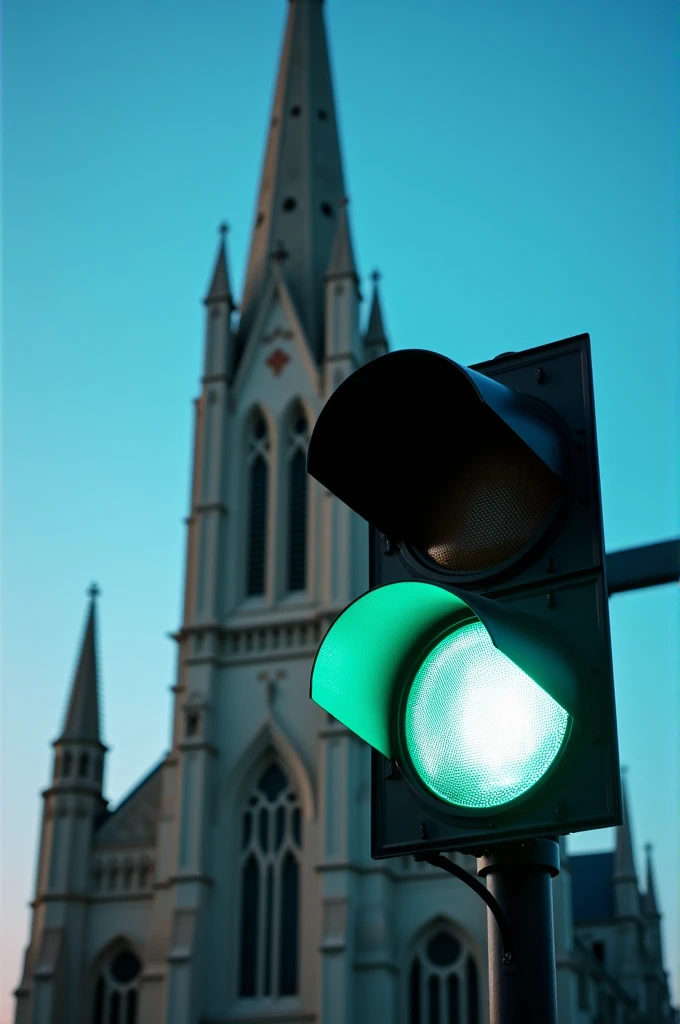 Create an image showing a traffic light with only the green light on, positioned in front of a Catholic church. The traffic light should be clearly visible and facing the angle of the photo. The church should be in the background, Visible and detailed, to create a contrast with the traffic light. The image should convey the idea that the green light symbolizes the signal to move forward in the love of God