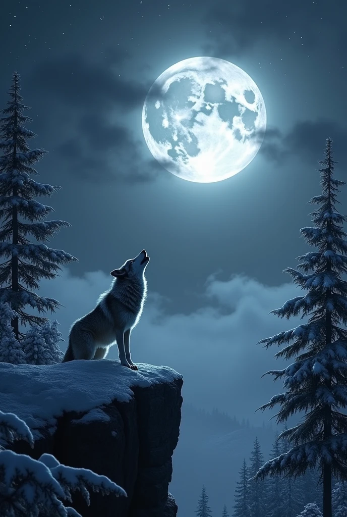 Create a night scene featuring a large, full moon in the background with soft rays of light streaming through the mist. In the foreground, depict a lone wolf howling at the moon, standing on a small cliff or rock. Surround the scene with snow-covered pine trees, their branches heavy with snow. Include a clear, starry sky with a few visible stars and a serene, mystical atmosphere. The overall color palette should consist of shades of black, white, and gray, emphasizing the cold and tranquil night