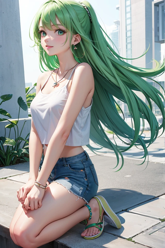 Best Quality,High resolution,8k,(plain white background, no patterns, no textures, just a plain white background:1.3),Masterpiece:1.2),beautiful girl,Shiny green hair,messy hair,Green Eyes,A  girl in a bright, oversized graphic tee or tank top with a cheerful design, paired with high-waisted shorts in a light, colorful cotton fabric with a subtle pattern. She is wearing casual sneakers with a pop of color or simple yet stylish sandals. Accessories include a playful pendant necklace and colorful stud earrings,Gentle look,A refreshing look,smile,Best quality,Best Quality,Aesthetic and aesthetic:1.2,Best details((Super detailed))(High-definition CG illustrations),Slender body,smile,blush,cute,Scrounge,Looking up,Being spoiled,super model