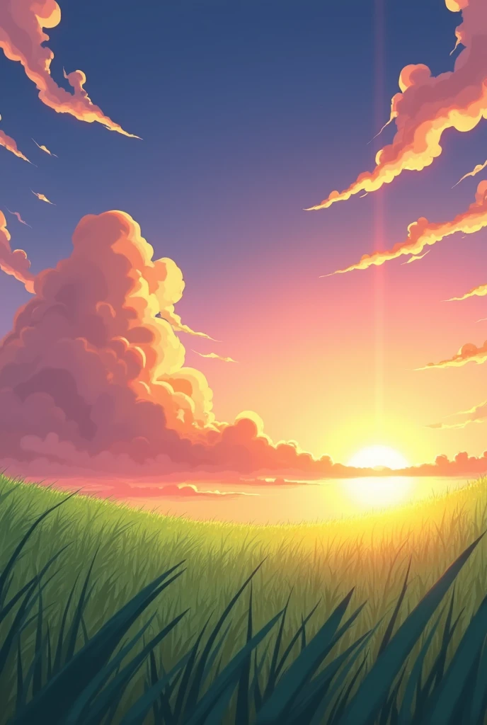Create an image for me 16:9 horizontal, the image will be of the sky, with a Studio Ghibli anime art style,
In this sky, there must be clouds, a sun, the angle of the image should be similar to taking a picture of a sunset, but I don't want the sun to be centered in the image, I would like it to be in the upper right corner
And at the bottom of the image, it had a green field of grass