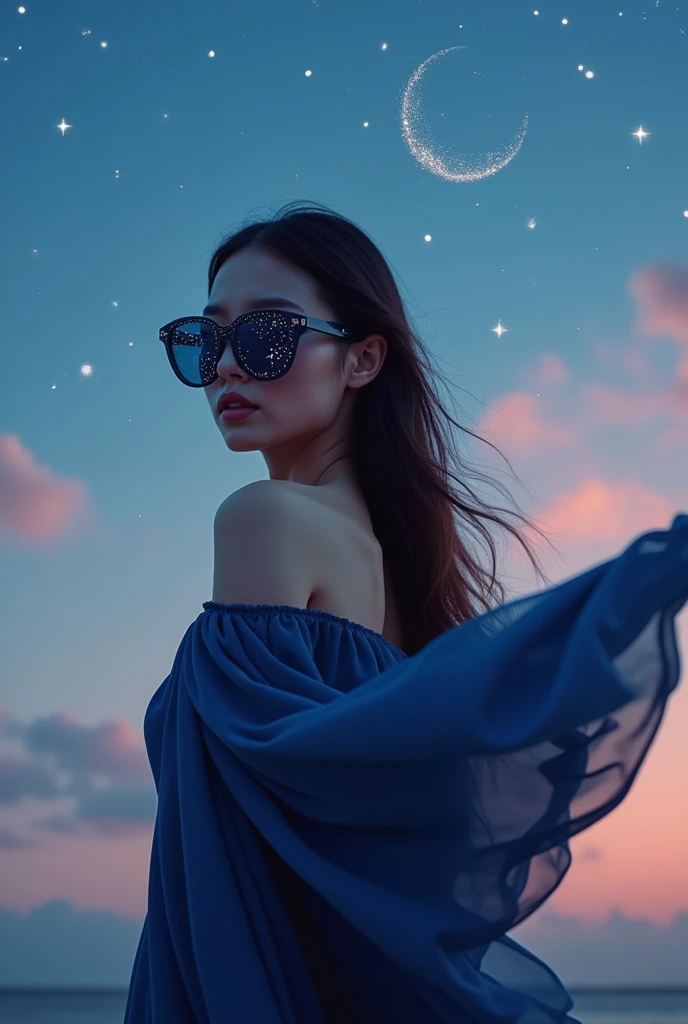 The model is wearing glass sunglasses with stars and the moon on the glass