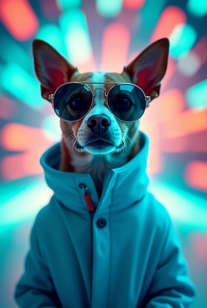 The best cell phone wallpaper, Award-Winning Wallpaper, portrait photography, In the front view is a portrait of a cute dog wearing mid-1960s space age fashion, Side view photo, Shot with Canon EOS R5, Set a strong contrast that accentuates the subject, Fluorescent blue tone, Wearing a very modern coat and sunglasses is a modern 1960s style, Clothes all in one color, beautiful background