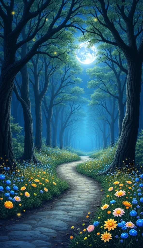 tthere are trees  a road is passing through it, so many flowers bloom up and midnight time
