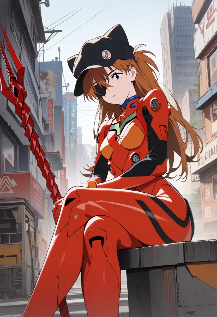 1girl, souryuu asuka langley, neon genesis evangelion, rebuild of evangelion, lance of longinus, cat hat, plugsuit, pilot suit, red bodysuit, standing, crossed legs, black eye patch, looking down, from front, looking at viewer, outdoors, city, masterpiece, best quality, absurdres
