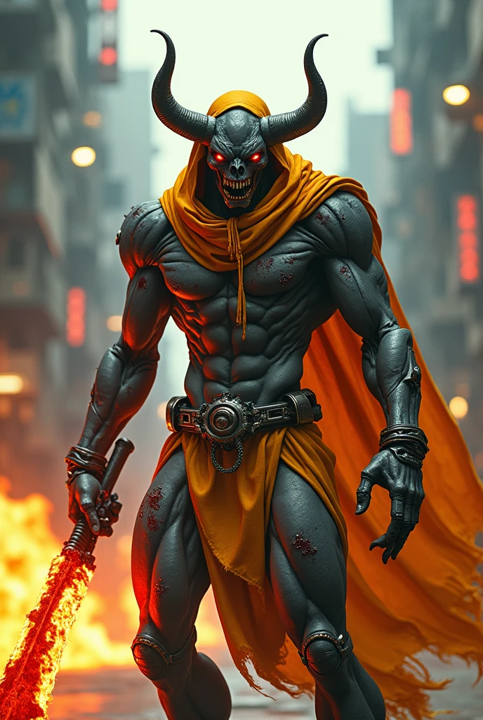 (Masterpiece:1.2),(Highest quality),(Superb details),(Ultra high resolution),(best illustrations)Highly detailed,film,cinema,realistic,Masterpiece,wound,wound,bleeding,A powerful cyberpunk cyborg demon in a human-like form,Powerful,strong,Orange-yellow scarf,Big muscles,6-pack,wound,wound,bleeding,weapon,Dynamic Action Firehand,Mouth shouts,angry