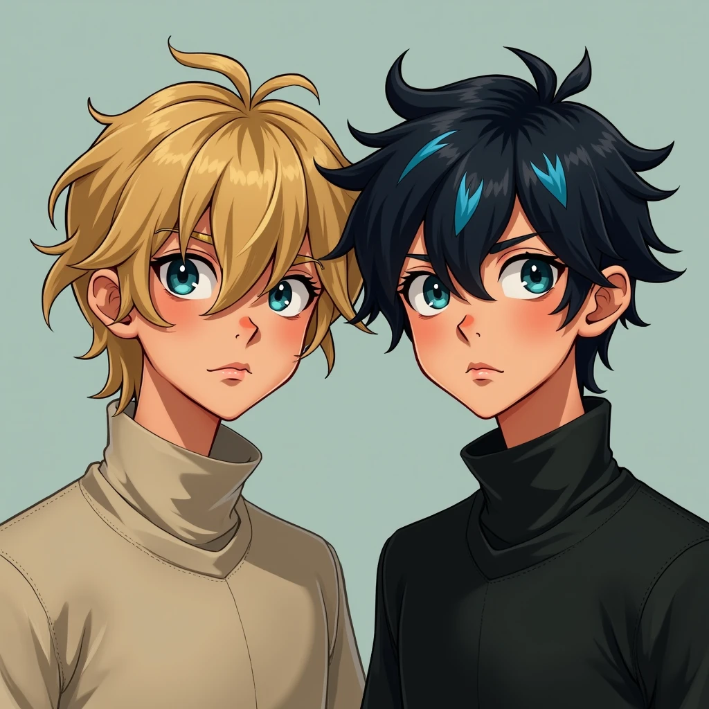 twins, young men, one twin blonde hair and beige clothing, other twin black hair with blue streaks and black clothing, both blue eyes, serious  expression, distinctive facialres