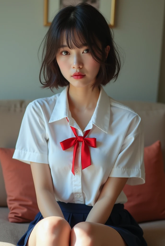 high resolution、high resolution、in 8K、real live action、RAW Photosgraphy、highest quallity、work of art、tabletop、erotic、Youngh、Schoolgirl、white bra,Caucasian skin,knees、(skin-colored pantyhose)、Detailed panty pattern、panty focus、White lace panties、absurdrez,Small face、Part your bangs in half、The forehead is visible,(cold stare<Ojoを細めて,sheen,stark,mild anger)、work of art,highest quallity、超high resolution,RAW Photos,just,Beautiful poop,A person, A personで,shady look,breasts small,whole cos、Very cool、uniforme jk,(photoshotrrealisitic:1.37)、photon mapping,Light blue ribbon,realisitic、cute face,茶色のOjo、、(Red bow tie)、物理ベースjustダリング、potential client、Written limit depth、nblurry background、photoshot,us、cos,beautiful feet, Legs long, fine legs,Bobcut,(I can see the fringe), lips, Unripe_Ojo, soft nose,(open-collar white shirt), (navy blue pleated skirt(lift up your skirt、White panties are visible), kneesが見える,clothing transparent,Cute Japan、キラキラしたOjo、Glossy lips、dynamic pose,short white socks、Showing the dirty sole of a foot raised in the air.