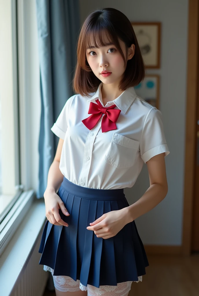 high resolution、high resolution、in 8K、real live action、RAW Photosgraphy、highest quallity、work of art、tabletop、erotic、Youngh、Schoolgirl、white bra,Caucasian skin,knees、(skin-colored pantyhose)、Detailed panty pattern、panty focus、White lace panties、absurdrez,Small face、Part your bangs in half、The forehead is visible,(cold stare<Ojoを細めて,sheen,stark,mild anger)、work of art,highest quallity、超high resolution,RAW Photos,just,Beautiful poop,A person, A personで,shady look,breasts small,whole cos、Very cool、uniforme jk,（photoshotrrealisitic：1.37）、photon mapping,Light blue ribbon,realisitic、cute face,茶色のOjo、、(Red bow tie)、物理ベースjustダリング、potential client、Written limit depth、nblurry background、photoshot,us、cos,beautiful feet, Legs long, fine legs,Bobcut,(I can see the fringe), lips, Unripe_Ojo, soft nose,(open-collar white shirt), (navy blue pleated skirt(lift up your skirt、White panties are visible), kneesが見える,clothing transparent,Cute Japan、キラキラしたOjo、Glossy lips、dynamic pose,short white socks、Showing the dirty sole of a foot raised in the air.