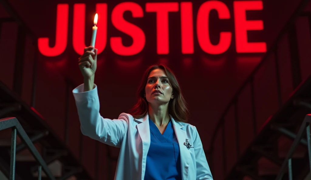 A woman in a white lab coat and blue scrubs confidently holds a lit candle aloft in a dark setting. The background features the word JUSTICE in bold red letters, while a girl is going down tge stairs ..The overall tone is dramatic and intense, with a red hue dominating the scene. A girl is crying for her justice
