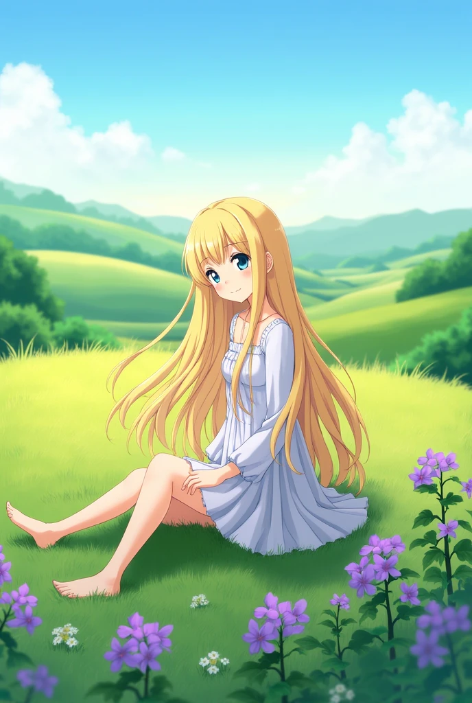Create an image of a female anime character with blonde hair sitting on the grass, with purple flowers around and with a beautiful landscape around in 1080 x 1920 high definition