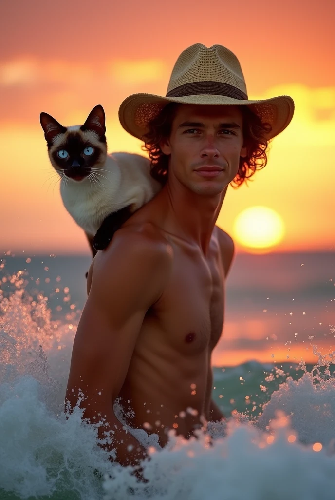 Illustration d'un surfeur décontracté, 22 ans, bronzage parfait, cheveux courts et bouclés, portant un chapeau de paille et un chat siamois sur son épaule. Il surfe sur une vague parfaite, au coucher du soleil. Ambiance californienne, style années 70.