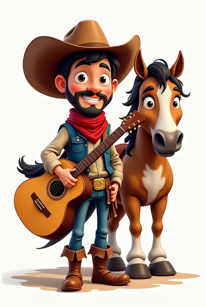 Martin Fierro with his guitar and horse in cartoon and without background