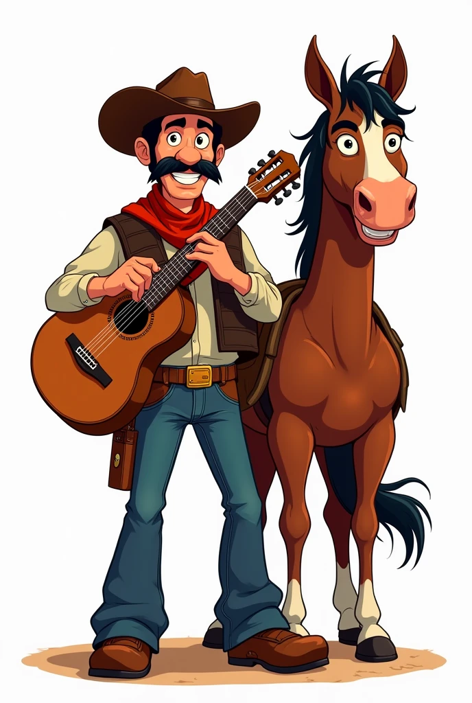 Martin Fierro with his guitar and horse in cartoon and without background