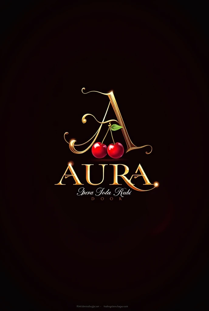Crie reate a golden cherry liqueur logo, with an A and a cherry. It should convey elegance and sophistication. O fundo deve ser preto e vermlho escuro. Deve ser em 2D a imagem. O que deve ter: O nome da empresa é aura, o slogan: para toda ocasião Cherry Rubi.