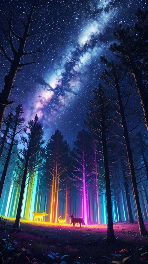 Create for me a beautiful forest with vibrant colors and multiple neon lights in its night sky with few animals.