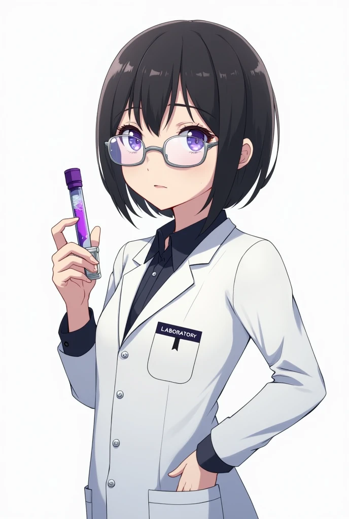 CREATE A DRAWING OF A ,WITH SILVER OVAL EYEGLASSES AND A BANG,shoulder hair,Oval face ,IN A WHITE COAT, WITH A VIOLET LID BLOOD TUBE IN ONE HAND AND A SYRINGE IN THE OTHER HAND.IN THE LAB COAT POCKET WRITE LABORATORY.no back ground.