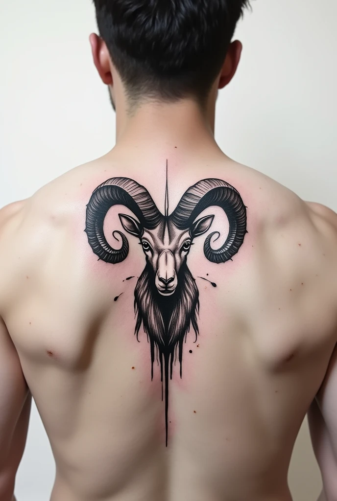 Create an Aries sign tattoo that will go on the back and is incredible and innovative, small and in black and white for a man, more abstract and street style.