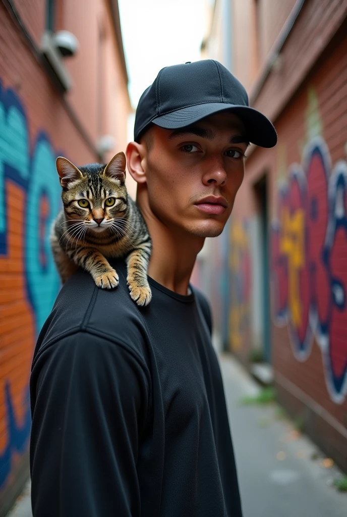 Photographie de mode masculine, style urbain, d'un jeune homme de 22 ans, athlétique, portant un chapeau de baseball et un chat tabby sur son épaule. Il pose dans une ruelle, avec un graffiti en arrière-plan. Couleurs vives, contraste élevé