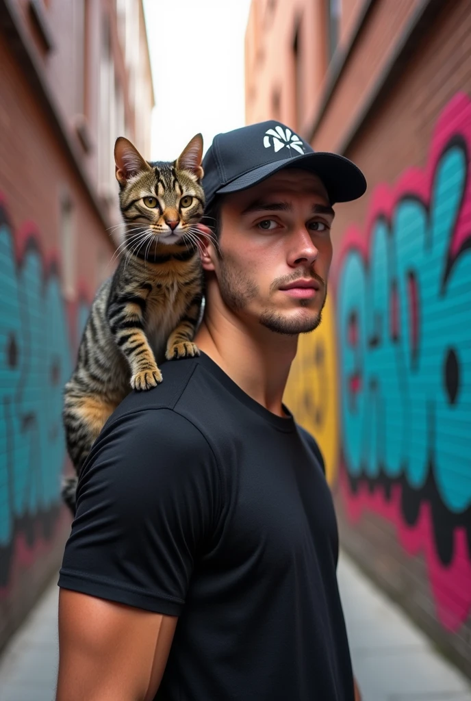 Photographie de mode masculine, style urbain, d'un jeune homme de 22 ans, athlétique, portant un chapeau de baseball et un chat tabby sur son épaule. Il pose dans une ruelle, avec un graffiti en arrière-plan. Couleurs vives, contraste élevé