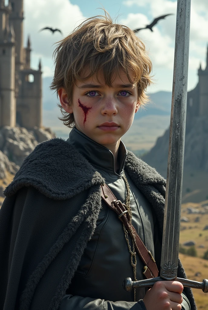 (photorealism:1.2), A young, tough Targaryen boy with a scar on his cheek and dark violet eyes holding a sword. 