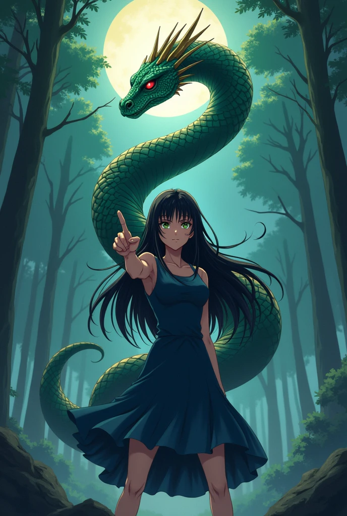 girl anime, black hair, a snake dragon coiled through  in her arm, and her han pointing to the fron