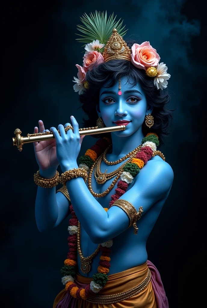 Krishna god with blue skin holding a flute in a black background 

