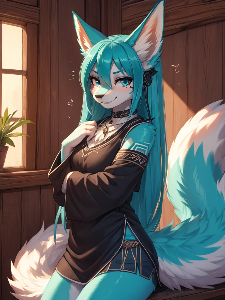 1 girl, Miku Hatsune, add high definition_detail:1, blue fur,kitsune ears, tribal tattoo add_detail:1, frente a un espejo, ropa casual black blouse, licra mini short add_detail:1, mirads decidida, sonrisa sarcástica, actitud de ambición, ssliendo de una casa
