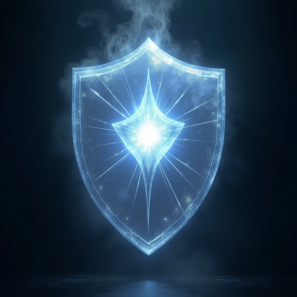 hyperrealistic, a summoned shield, giving the impression of a hologram appearing, releasing a blinding white light from its central jewel, floating in the air