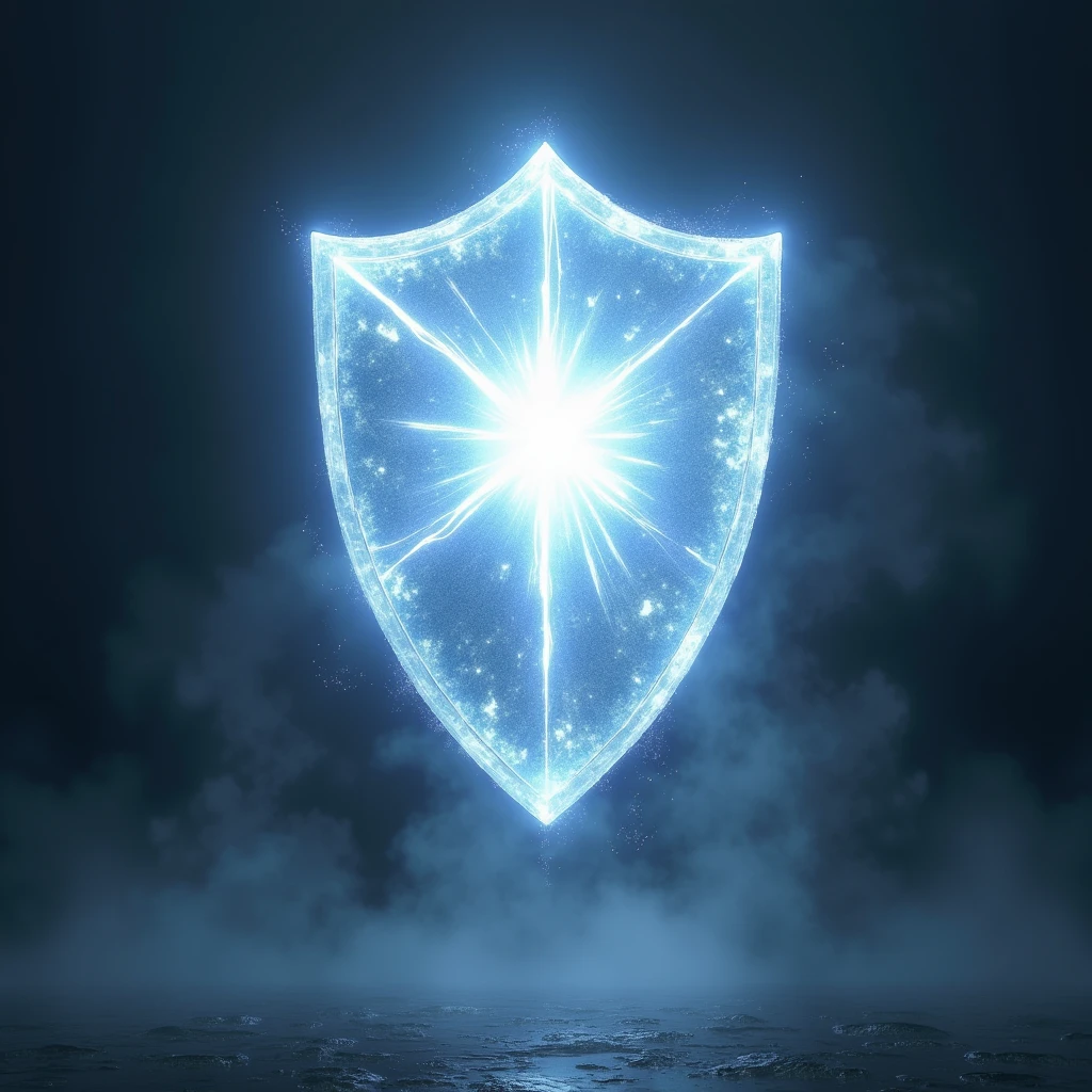 hyperrealistic, a summoned shield, giving the impression of a hologram appearing, releasing a blinding white light from its central jewel, floating in the air