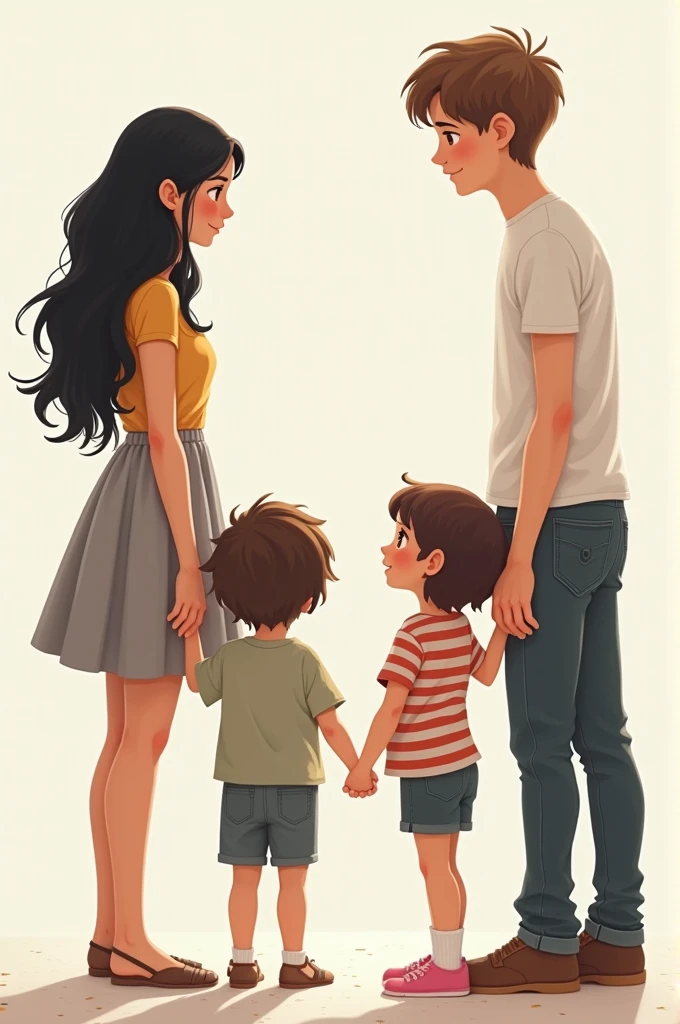 Generate an image in which there is a 17 year old girl who is tall and thin with black wavy hair and white skin , a 16 year old boy who is tall and thin with white skin and light brown hair, a 4 year old girl with white skin and brown hair , an 8 year old boy with white skin and dark brown hair and all of them holding hands