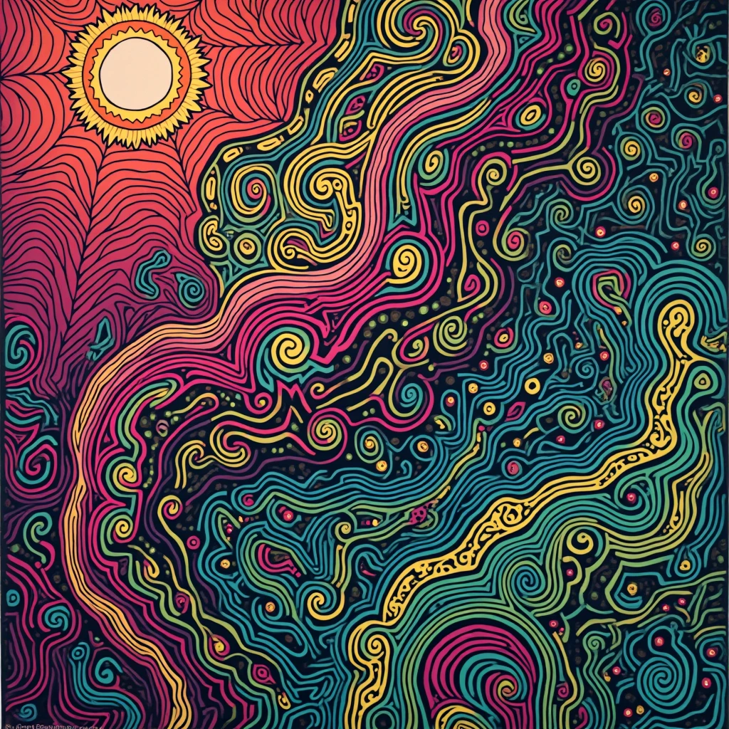 a print of tribal patterns fused with abstract shapes, in an explosion of colors like fuchsia, emerald green and cobalt blue, creating a vibrant and dynamic effect.