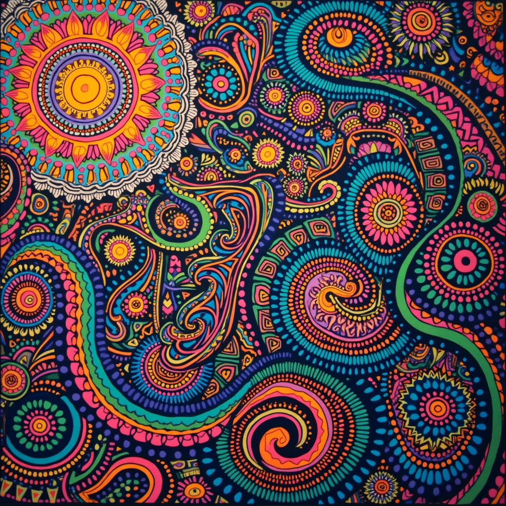 a print of tribal patterns fused with abstract shapes, in an explosion of colors like fuchsia, emerald green and cobalt blue, creating a vibrant and dynamic effect.