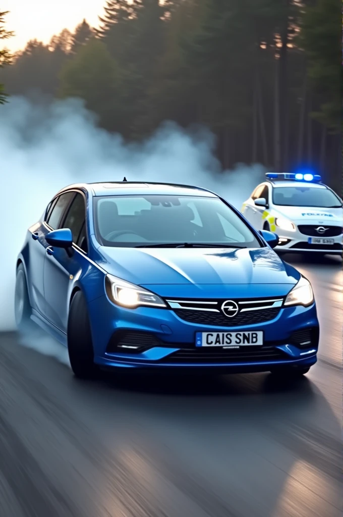 drifting opel astra h blue car with 2 police cars behind it