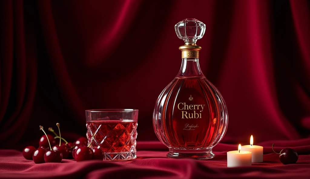 create a glass bottle for a cherry liqueur company, the name is: Cherry Rubi. What should convey: elegance and sophistication; with a glass full of cherry liqueur in front of the bottle.