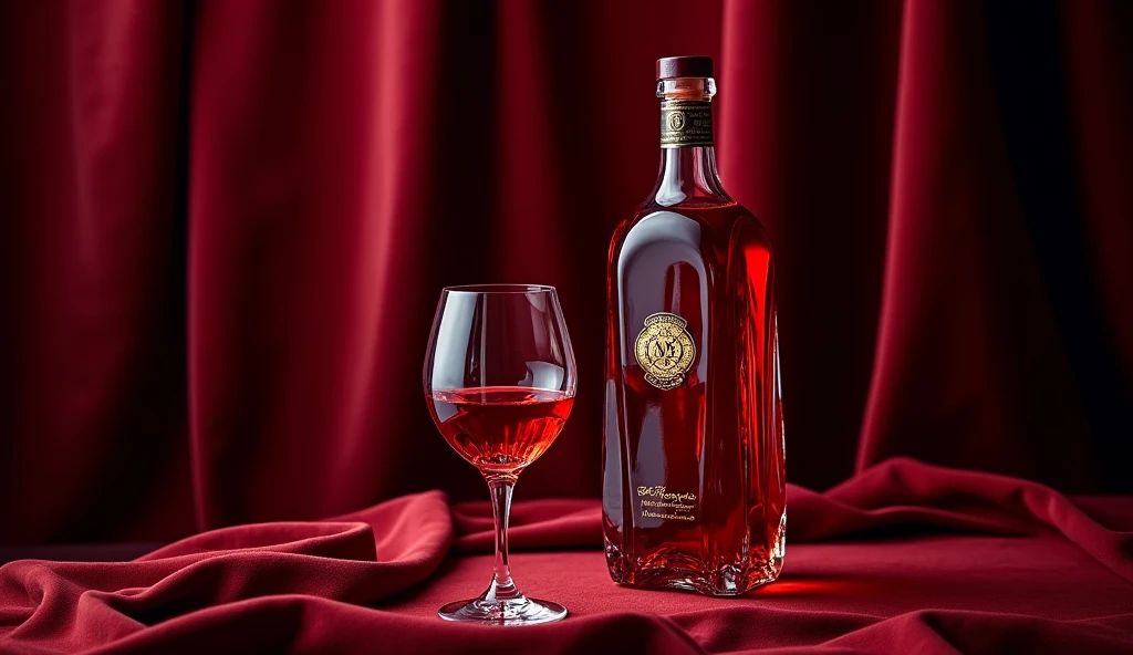create a glass bottle for a cherry liqueur company, the name is: Cherry Rubi. What should convey: elegance and sophistication; with a glass full of cherry liqueur in front of the bottle.