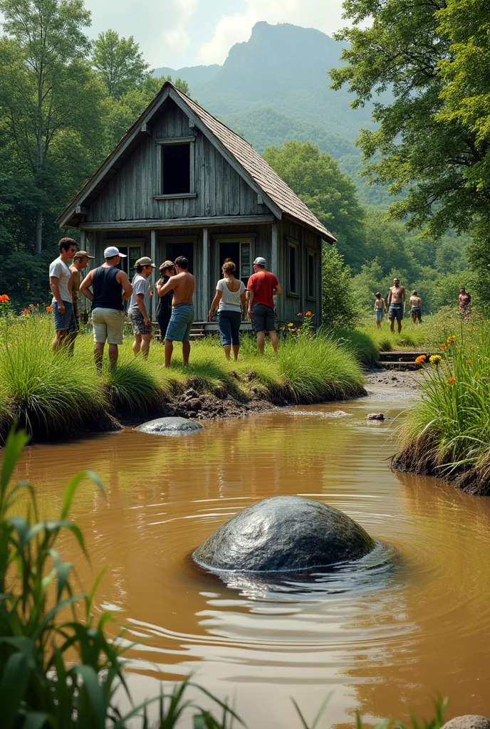 Create an image of a muddy inland lagoon with a meteor inside it and curious people around it with a simple house in the background 