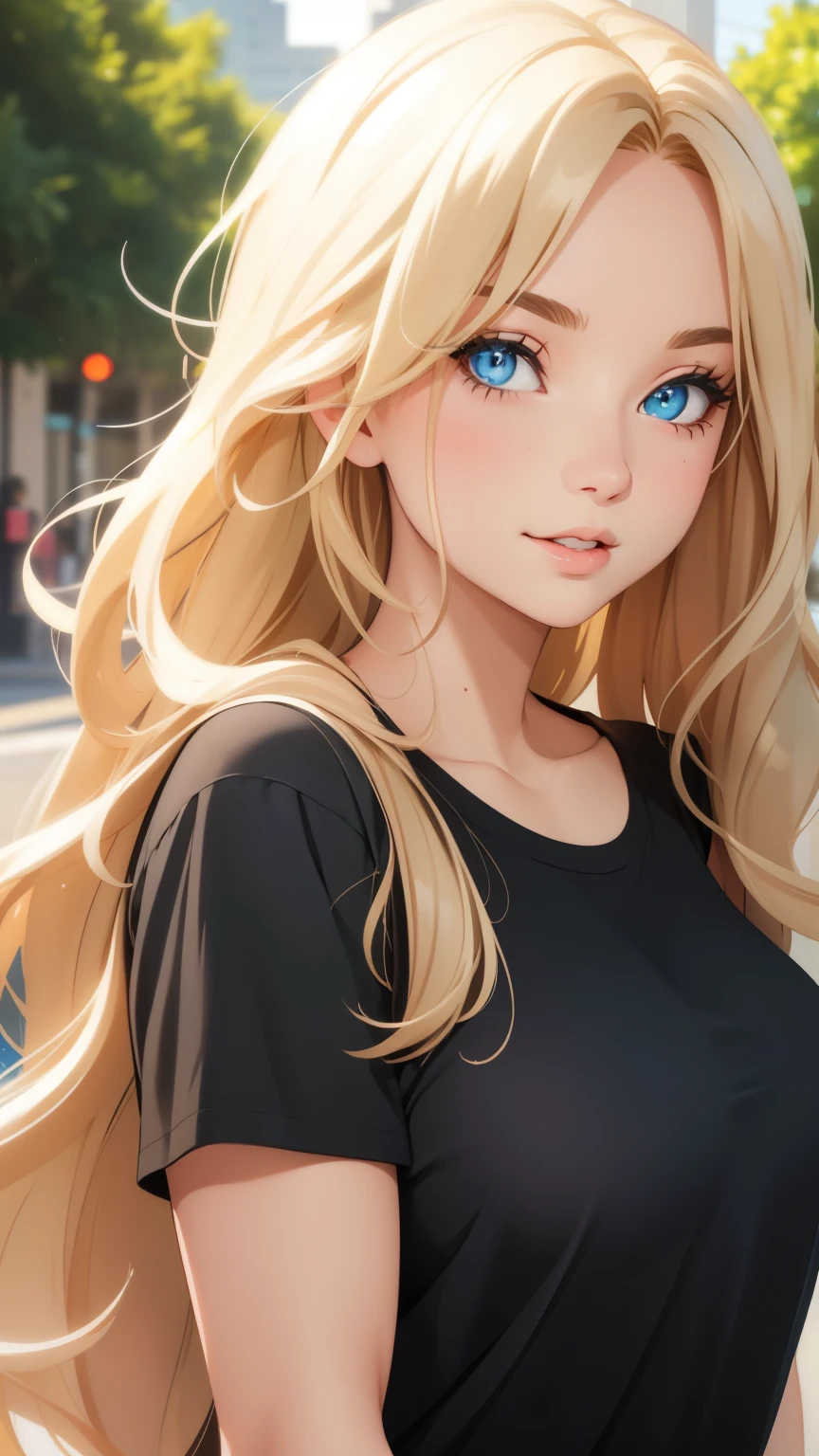 "Create a portrait of a young woman standing outdoors with a confident and warm expression. She has long, wavy blonde hair with a center parting, and she is wearing a simple black t-shirt. The background is a blurred, natural outdoor setting, with soft lighting highlighting her face. The overall mood of the image should be vibrant and engaging, capturing her bright blue eyes and natural makeup look. Ensure the composition focuses primarily on her upper body and face, with the background slightly out of focus to emphasize her features."