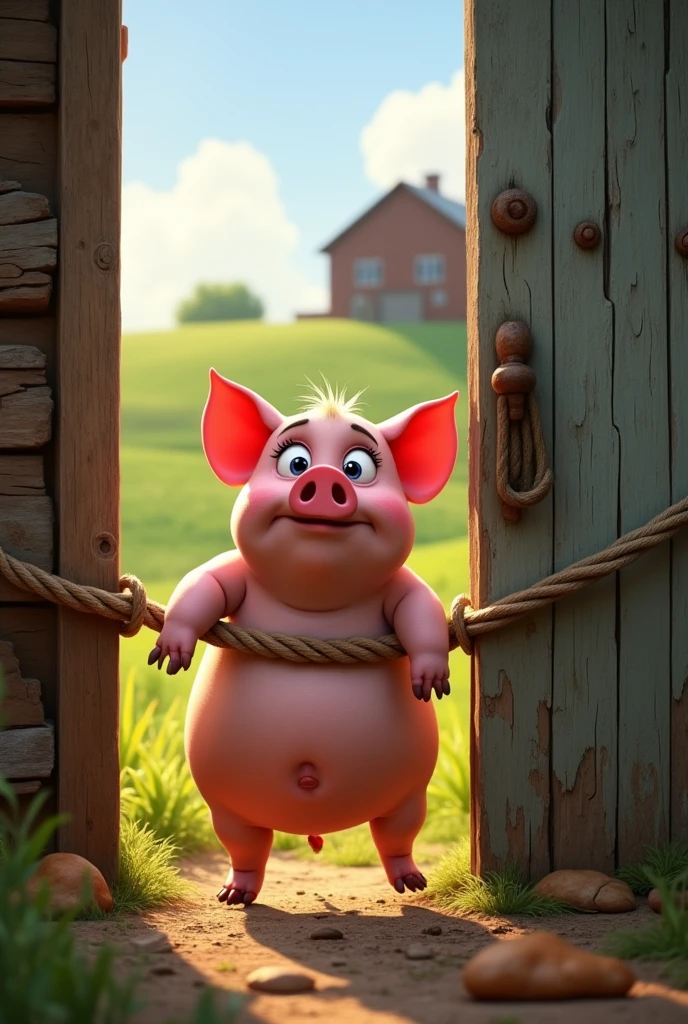 scared fat pig, tied with a rope at the kitchen door of a farm waiting to be slaughtered. Styl pixar