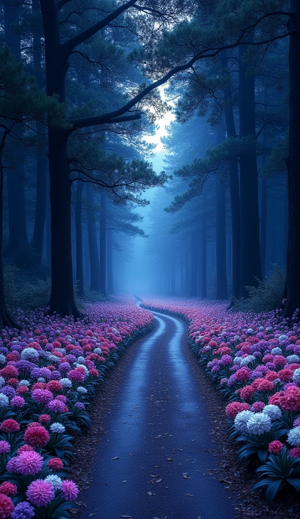 tthere are trees  a road is passing through it, so many flowers bloom up and midnight time
