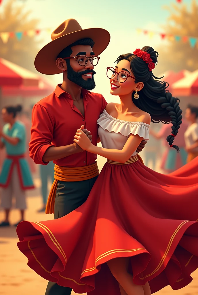 A couple dressed in typical Paraguayan dance clothes. The man is black-skinned, wears black pants with a typical warm-colored sash at the waist, a red ao po'i shirt and in the neck he wears a black handkerchief, wears a brown hat, has a little beard, wears myopia glasses with black frame. The woman wears a typical long and wide red skirt, a thin warm-colored sash at the waist and a red ao po'i blouse, has braids in her hair and wears round myopia glasses with thin and transparent frames, animated 3D cartoon style.